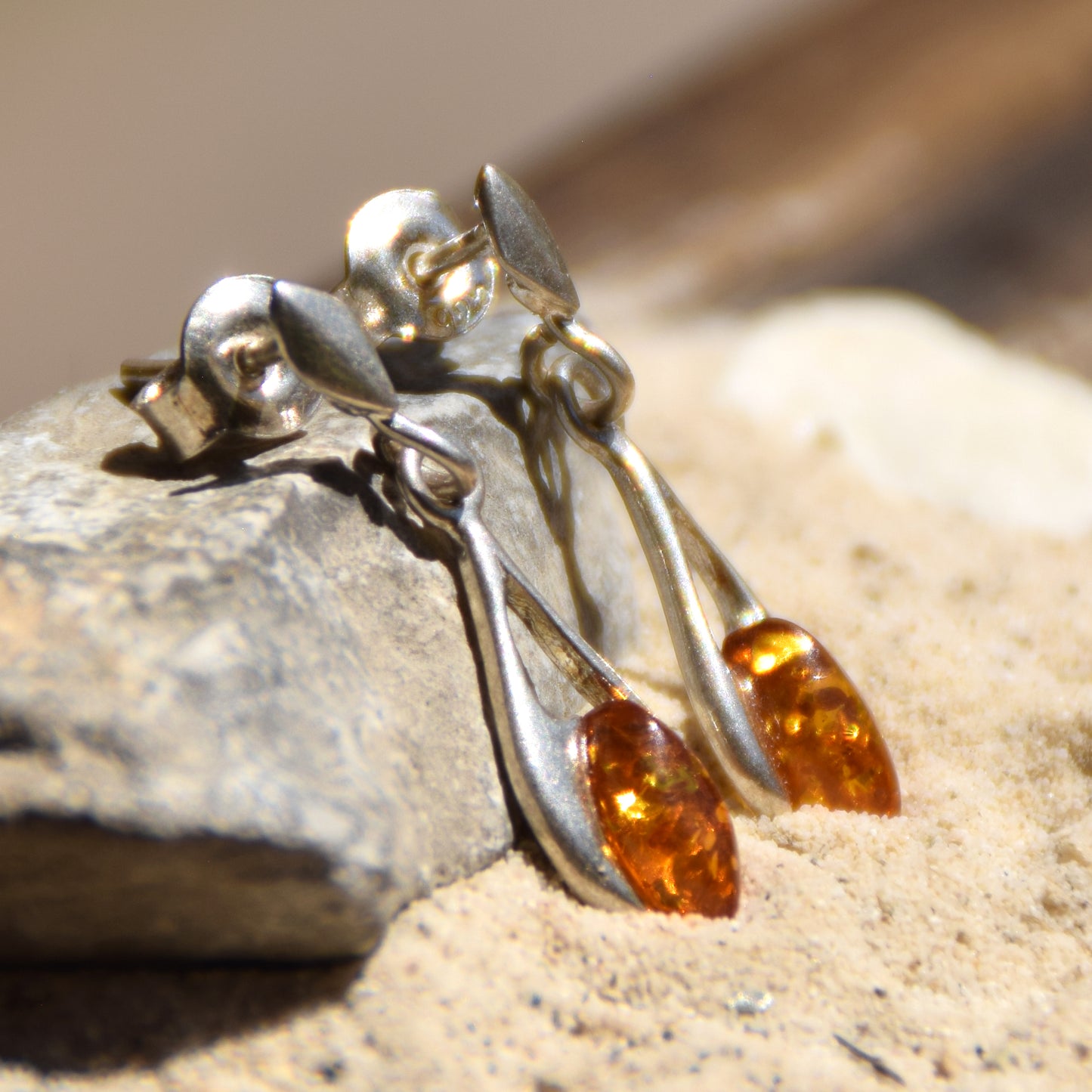 Lightweight dangle earrings with natural Cognac Amber and 925 Sterling Silver, MJ Baltica, BK090