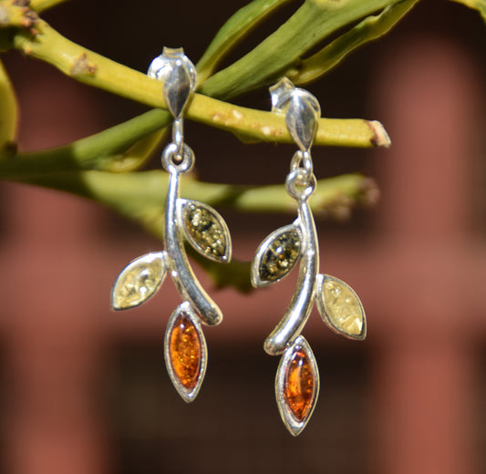 MJ Baltica, earrings, natural Baltic amber, 925 silver, leaves, delicate, multi colour, BK091