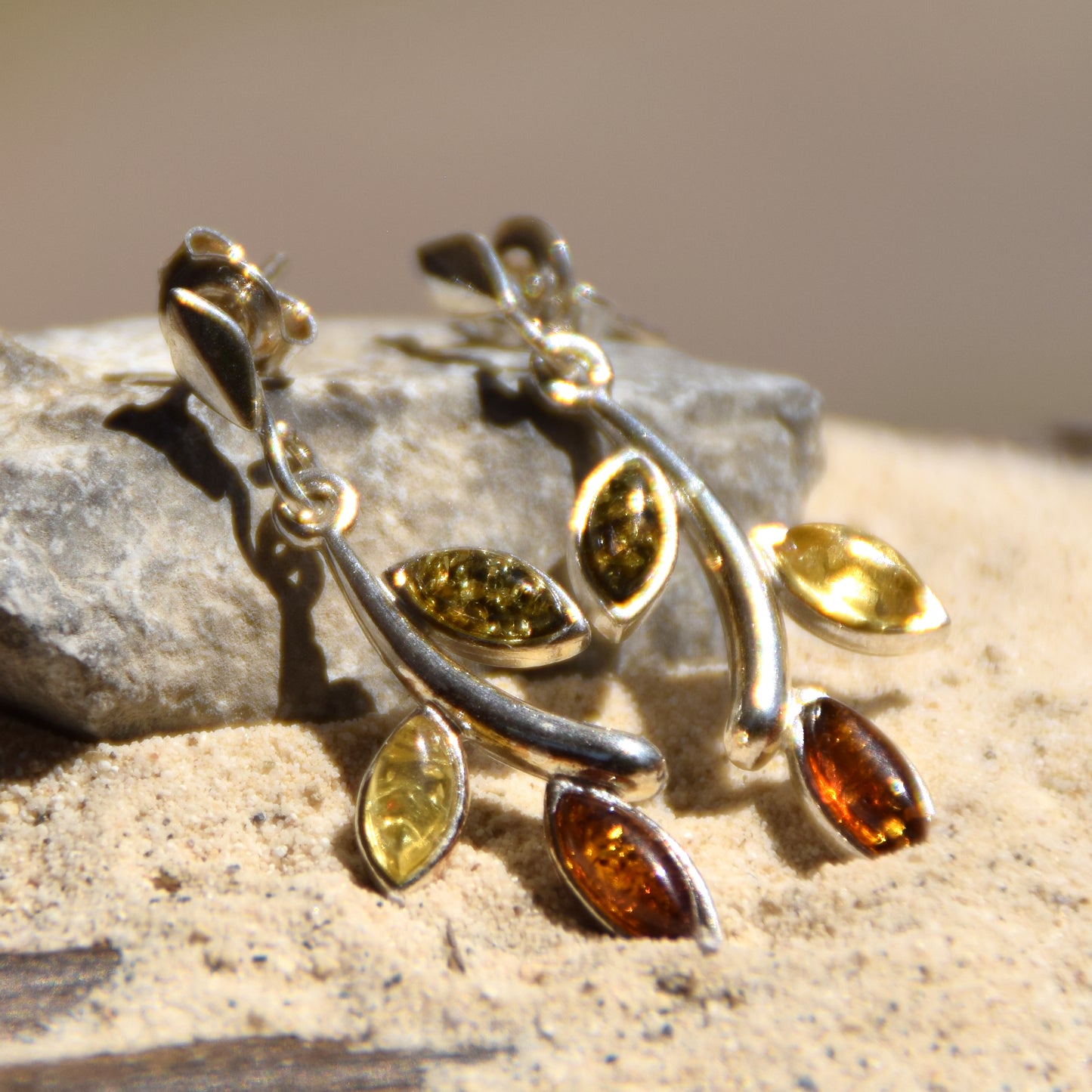Floral dangle earrings with natural Amber of various shades and 925 Sterling Silver, MJ Baltica, BK091