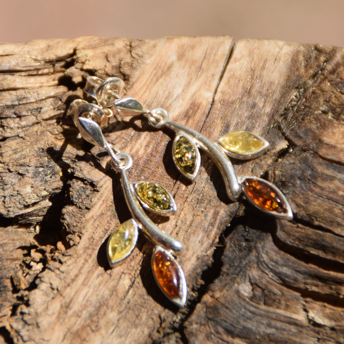 Floral dangle earrings with natural Amber of various shades and 925 Sterling Silver, MJ Baltica, BK091
