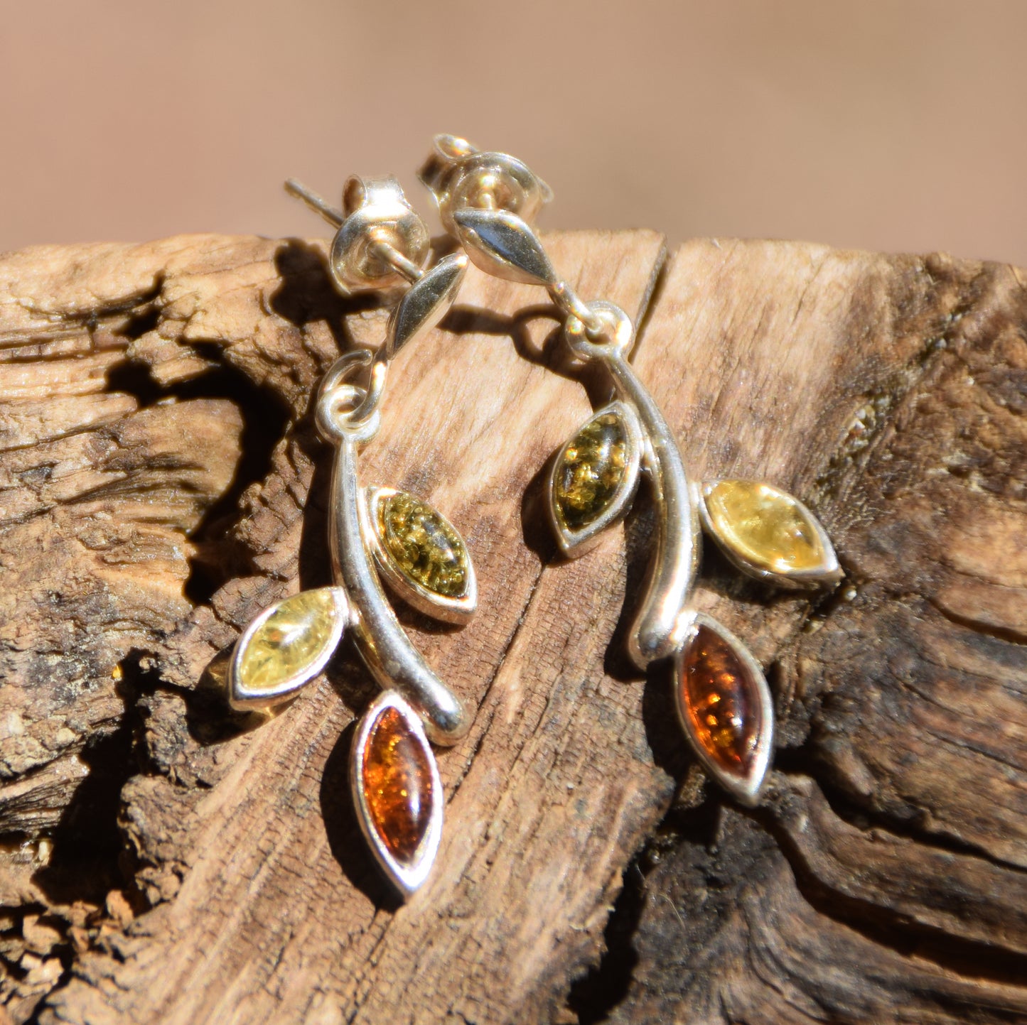 Floral dangle earrings with natural Amber of various shades and 925 Sterling Silver, MJ Baltica, BK091