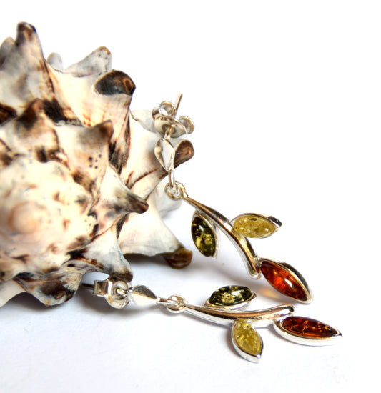 MJ Baltica, earrings, natural Baltic amber, 925 silver, leaves, delicate, multi colour, BK091