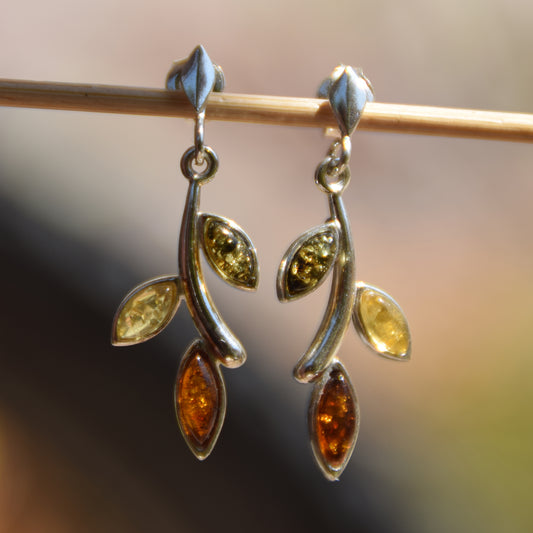 Floral dangle earrings with natural Amber of various shades and 925 Sterling Silver, MJ Baltica, BK091