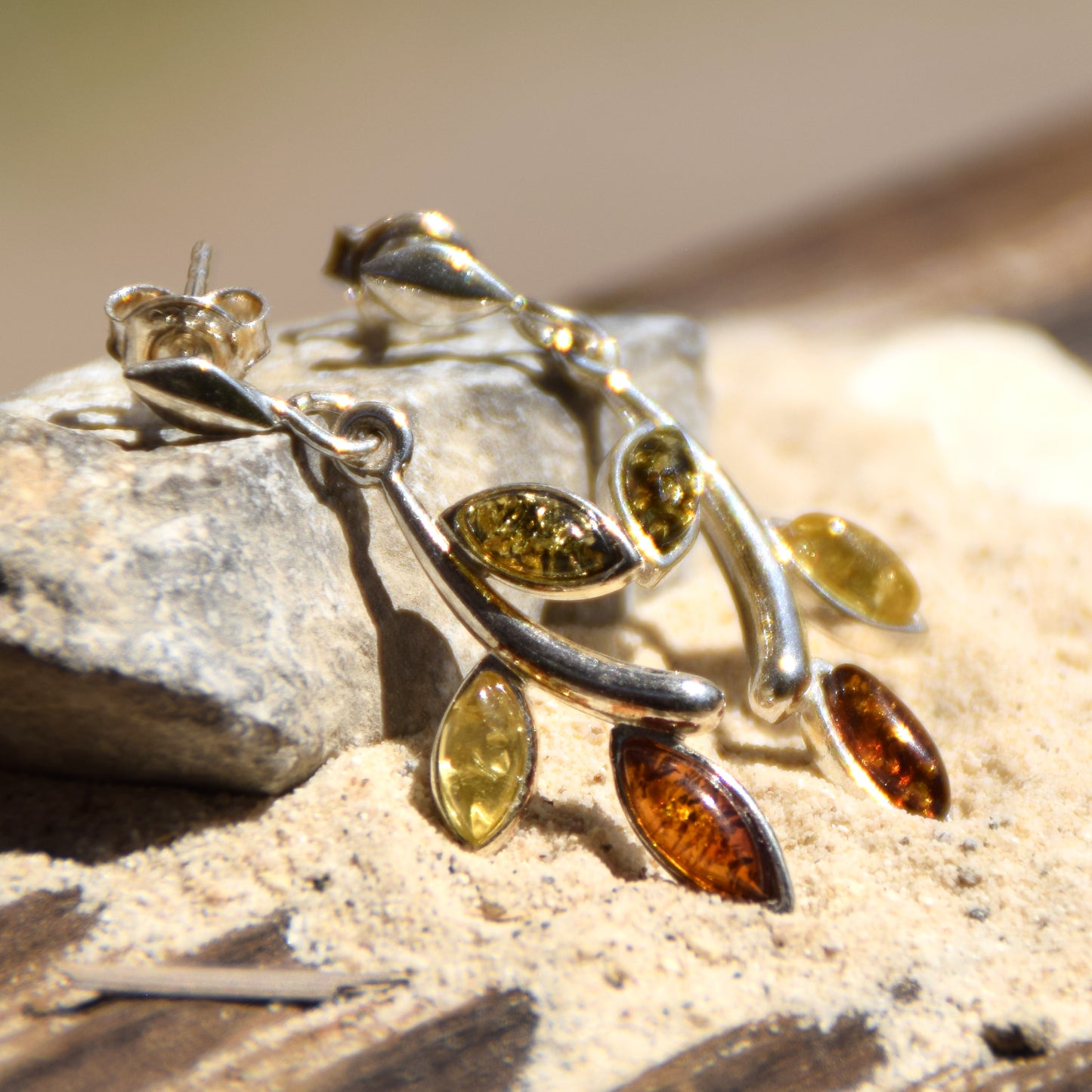Floral dangle earrings with natural Amber of various shades and 925 Sterling Silver, MJ Baltica, BK091