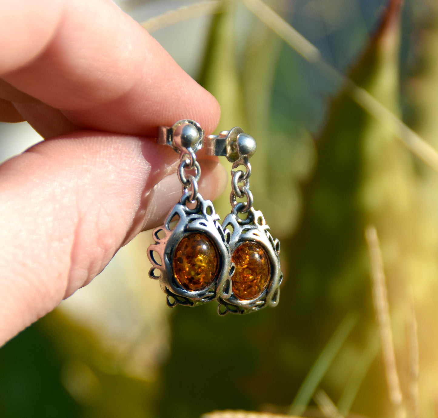 MJ Baltica, earrings, natural Baltic amber, 925 silver, filigree, sweet, handcrafted, BK099