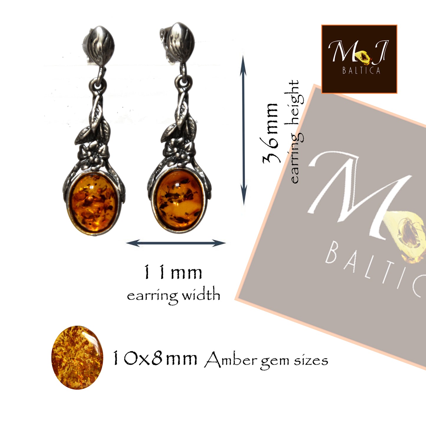 Classici orecchini pendenti in stile vintage con Argento 925 e Ambra cognac naturale, MJ Baltica, BK101