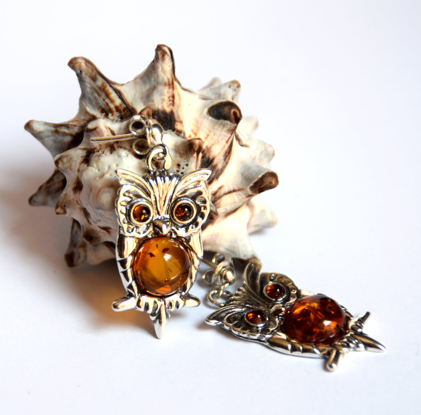 MJ Baltica, earrings, natural Baltic amber, 925 silver, owl, beautiful, handcrafted, BK102