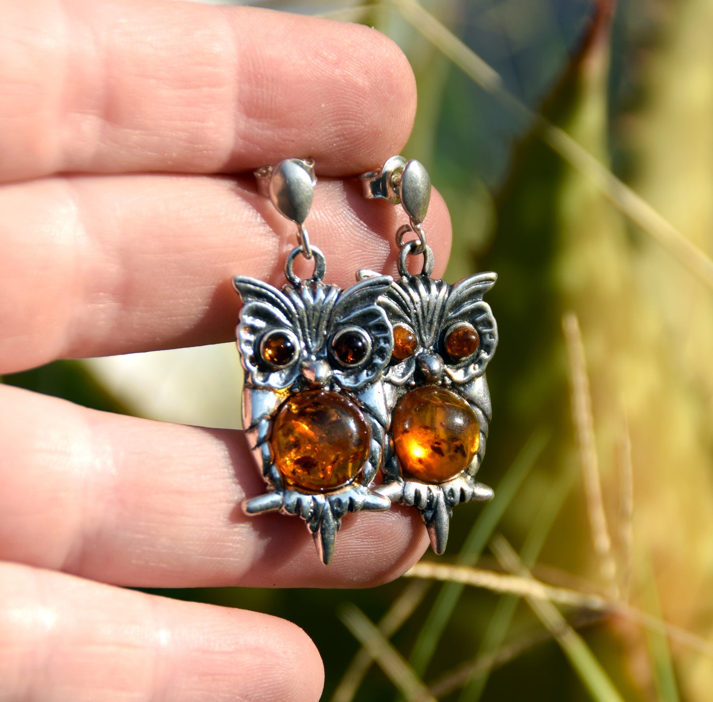 MJ Baltica, earrings, natural Baltic amber, 925 silver, owl, beautiful, handcrafted, BK102