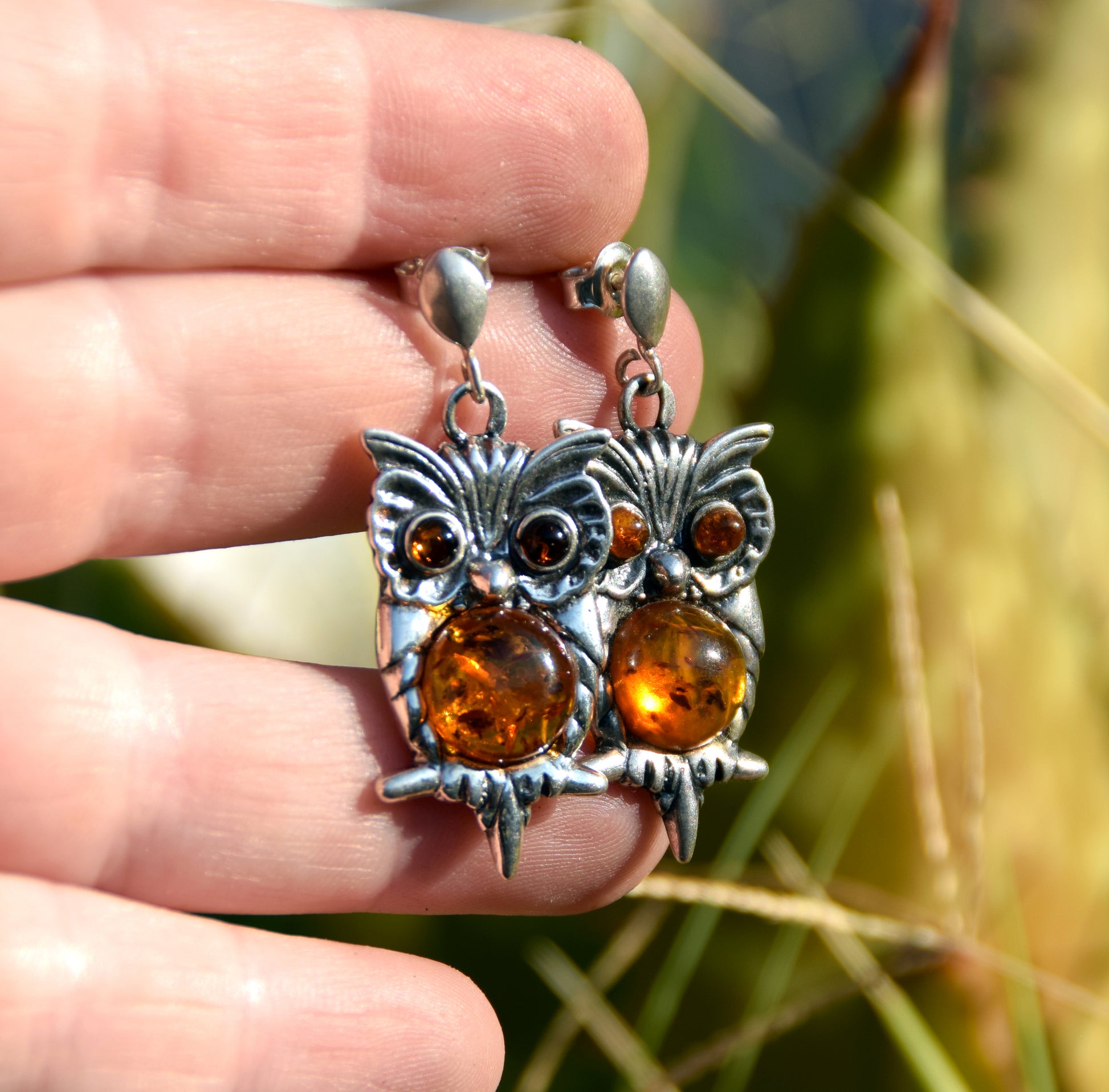 Orecchini A Gufo In Argento Sterling 925 Con Ambra Baltica E Cristalli Swarovski - Gioiello Artigianale, Regalo Per Insegnanti