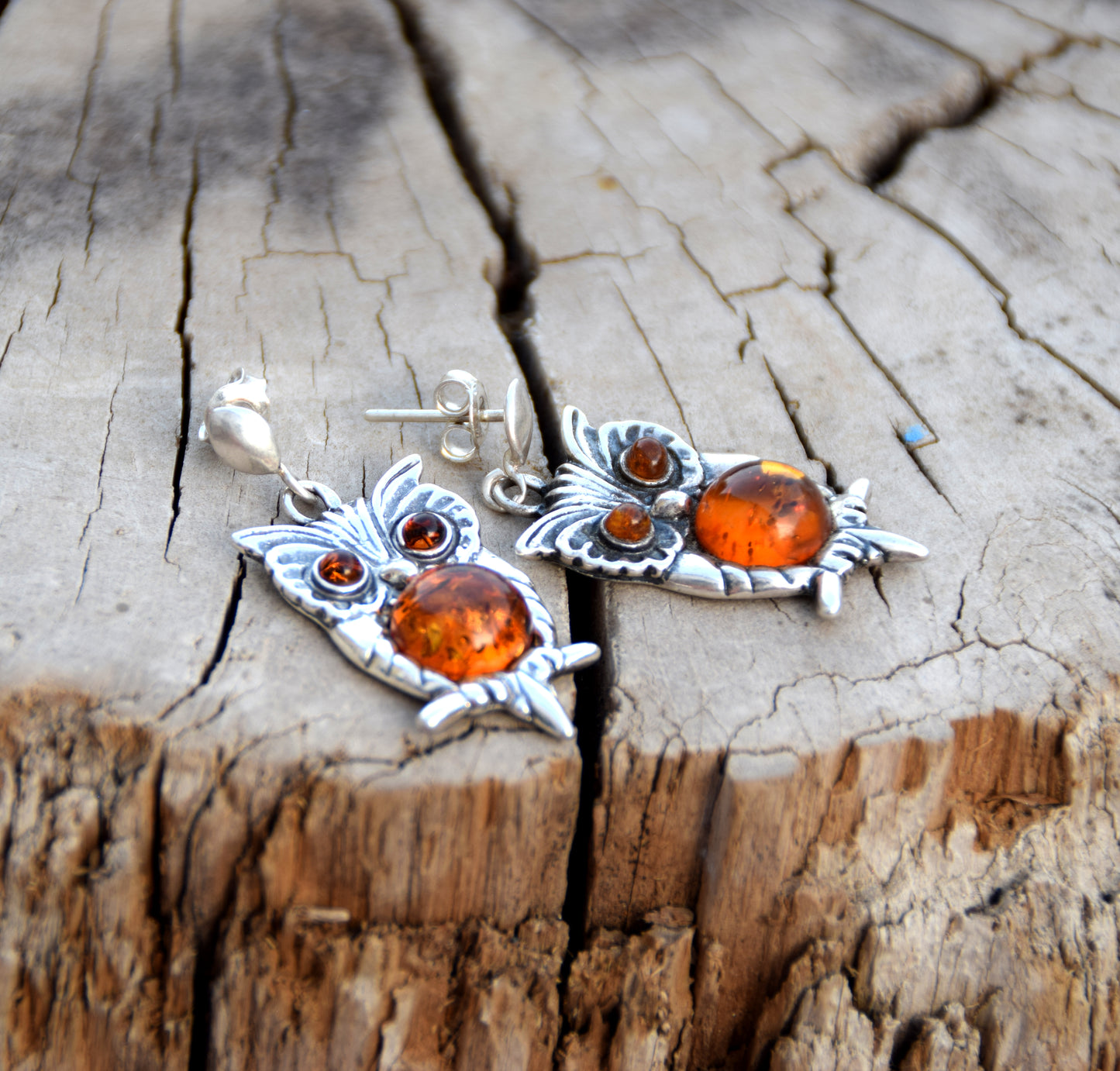 MJ Baltica, earrings, natural Baltic amber, 925 silver, owl, beautiful, handcrafted, BK102