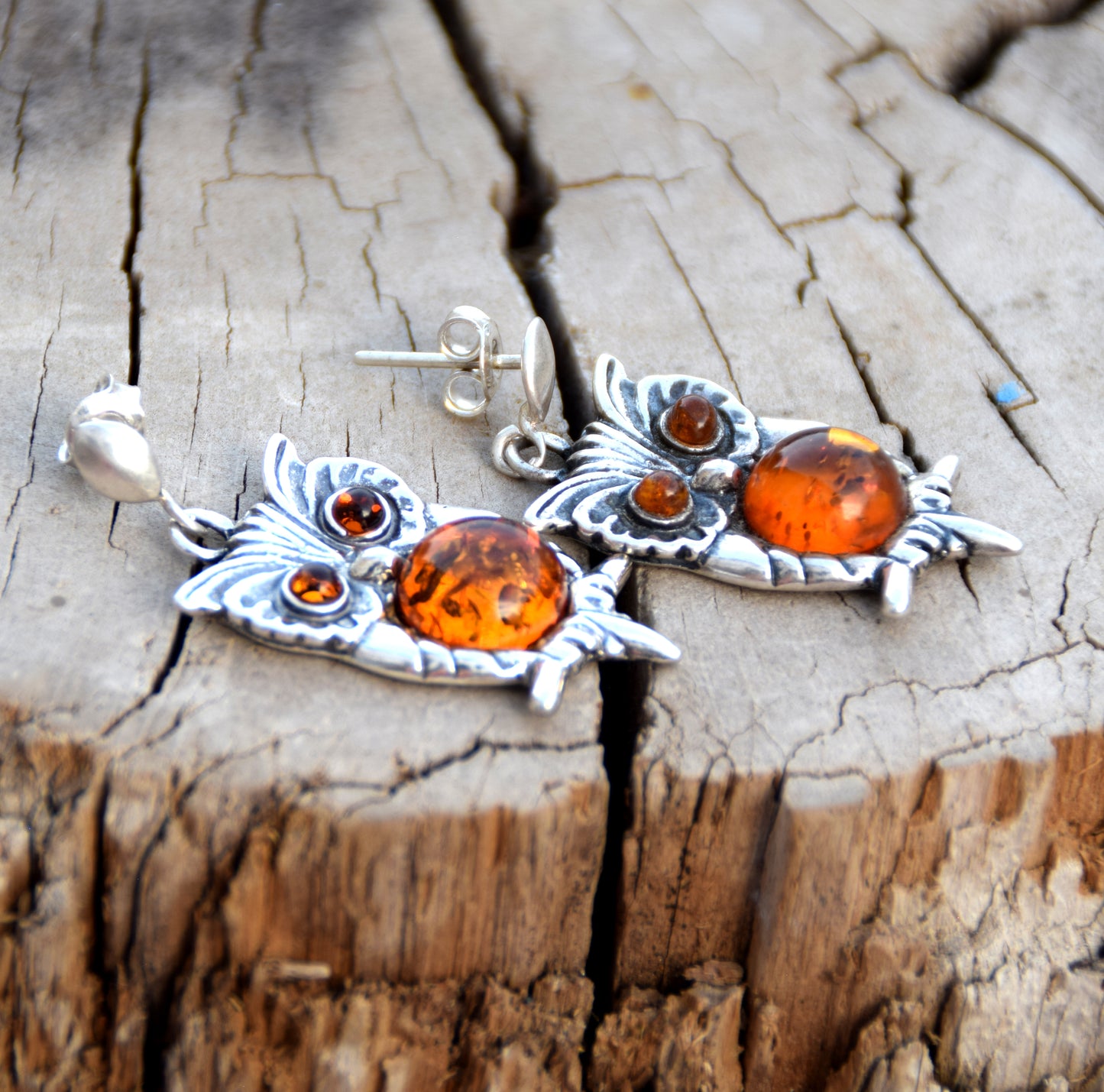 MJ Baltica, earrings, natural Baltic amber, 925 silver, owl, beautiful, handcrafted, BK102