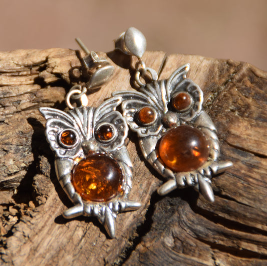 Owl Drop Earrings with Natural Cognac Amber and 925 Sterling Silver, MJ Baltica, BK102