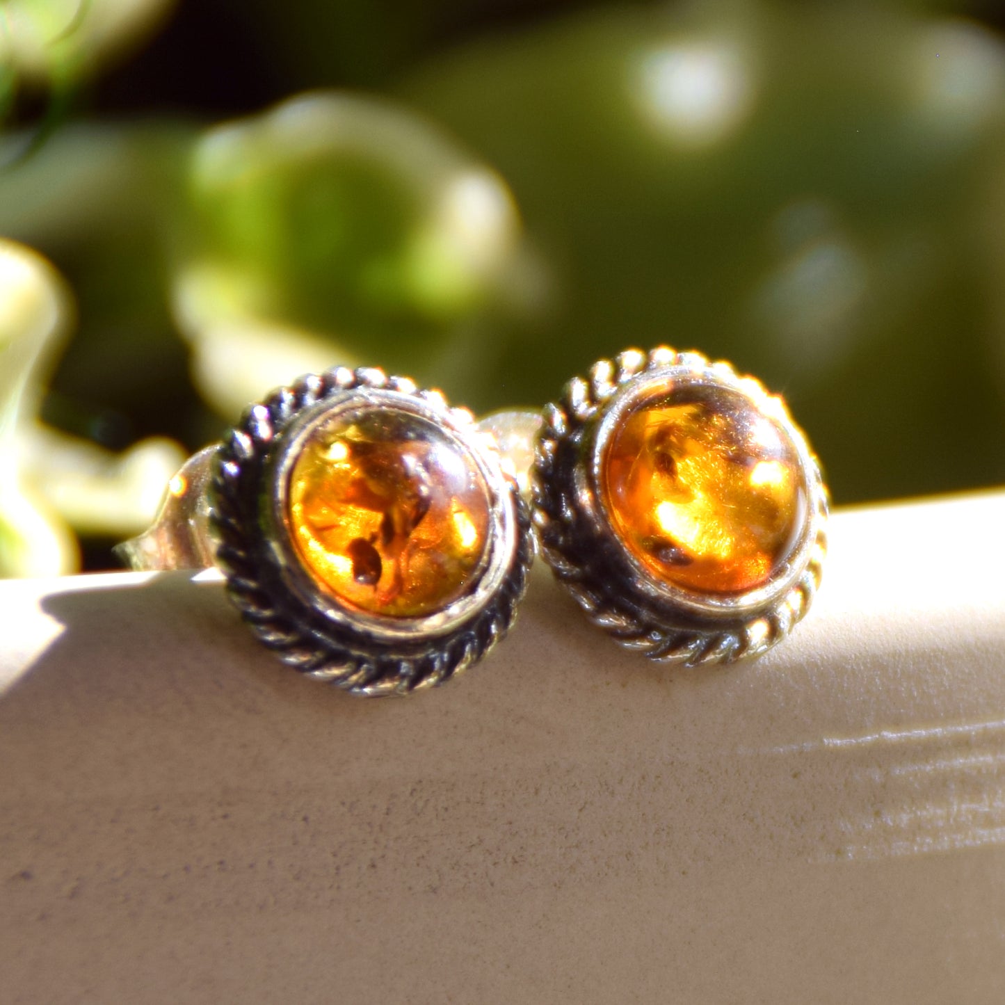 Classic round stud earrings with natural Cognac Amber and Sterling Silver 925, MJ Baltica, BK103