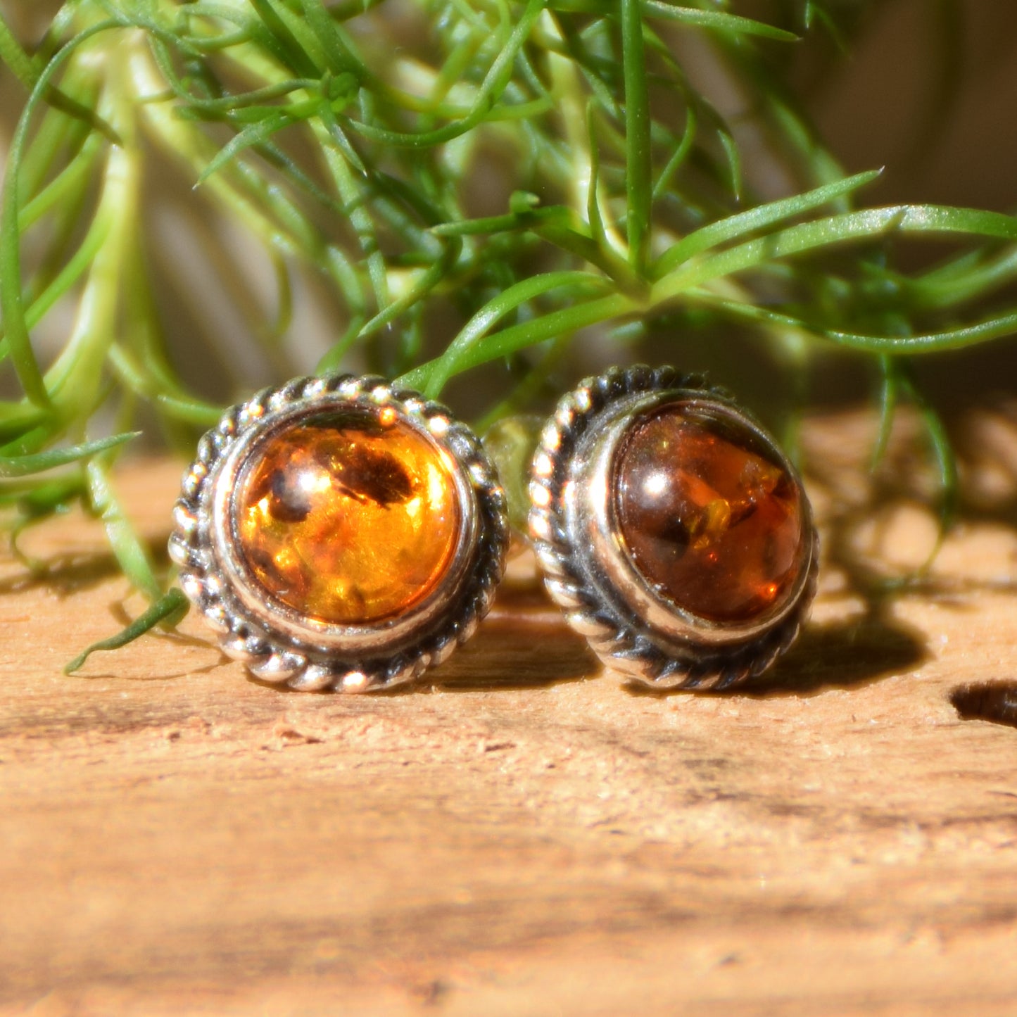 Classic round stud earrings with natural Cognac Amber and Sterling Silver 925, MJ Baltica, BK103