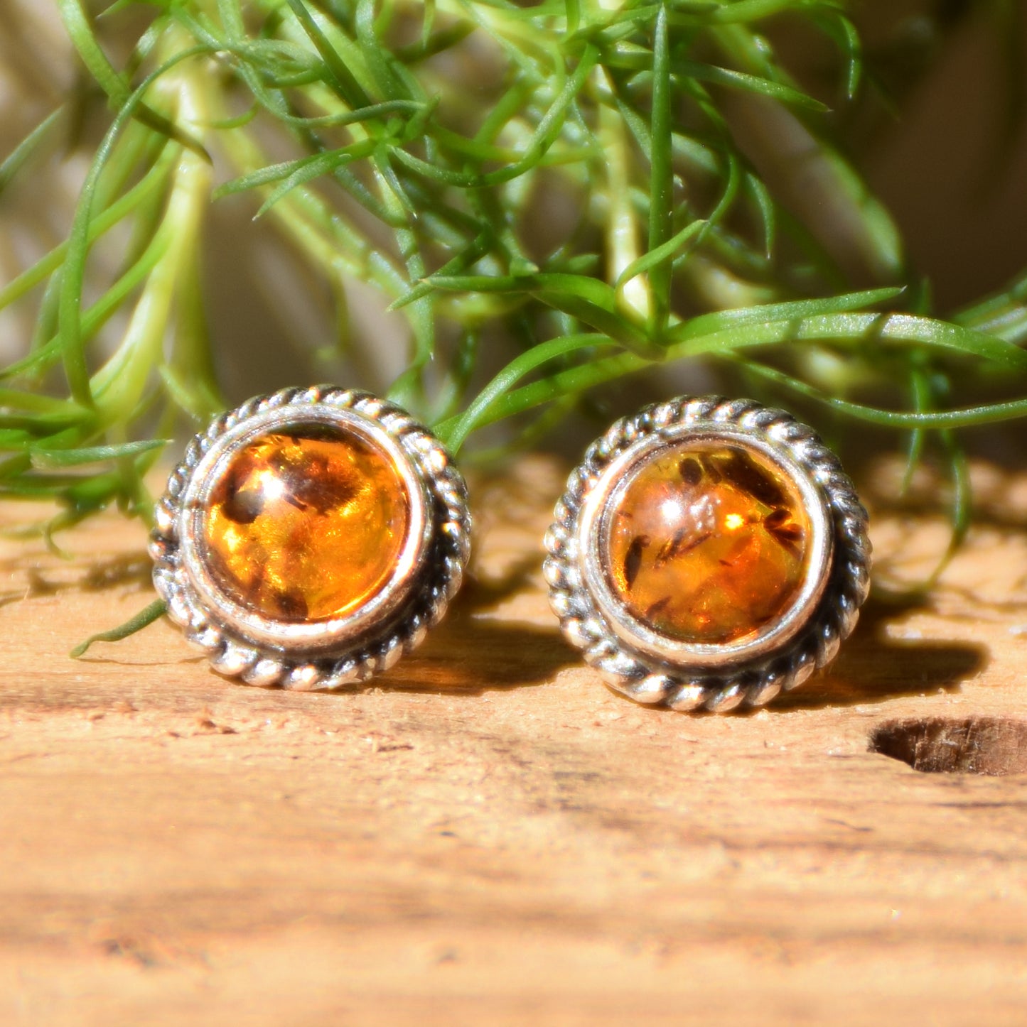 Classic round stud earrings with natural Cognac Amber and Sterling Silver 925, MJ Baltica, BK103