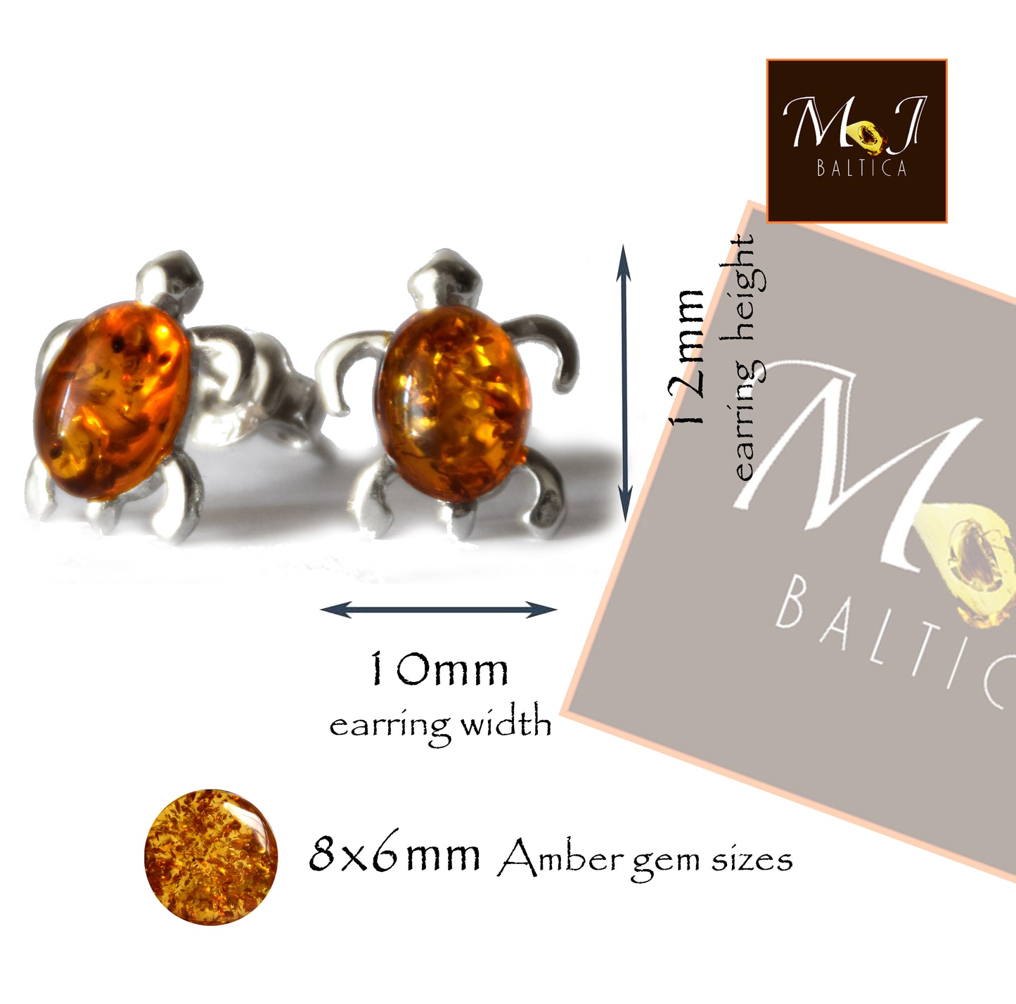 Delicate earrings with a turtle in cognac-colored natural Amber and 925 Silver, MJ Baltica, BK105