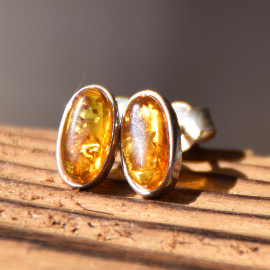 Stud oval earrings crafted with natural cognac Amber and 925 Sterling Silver, MJ Baltica, BK108