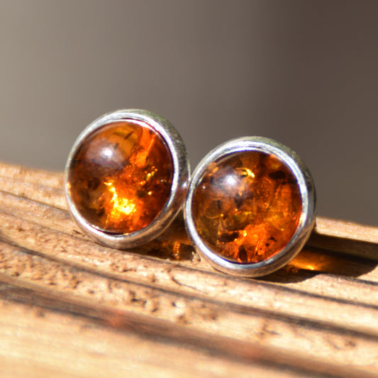Classic round earrings with natural cognac amber and 925 sterling silver, MJ Baltica, BK110 (5)