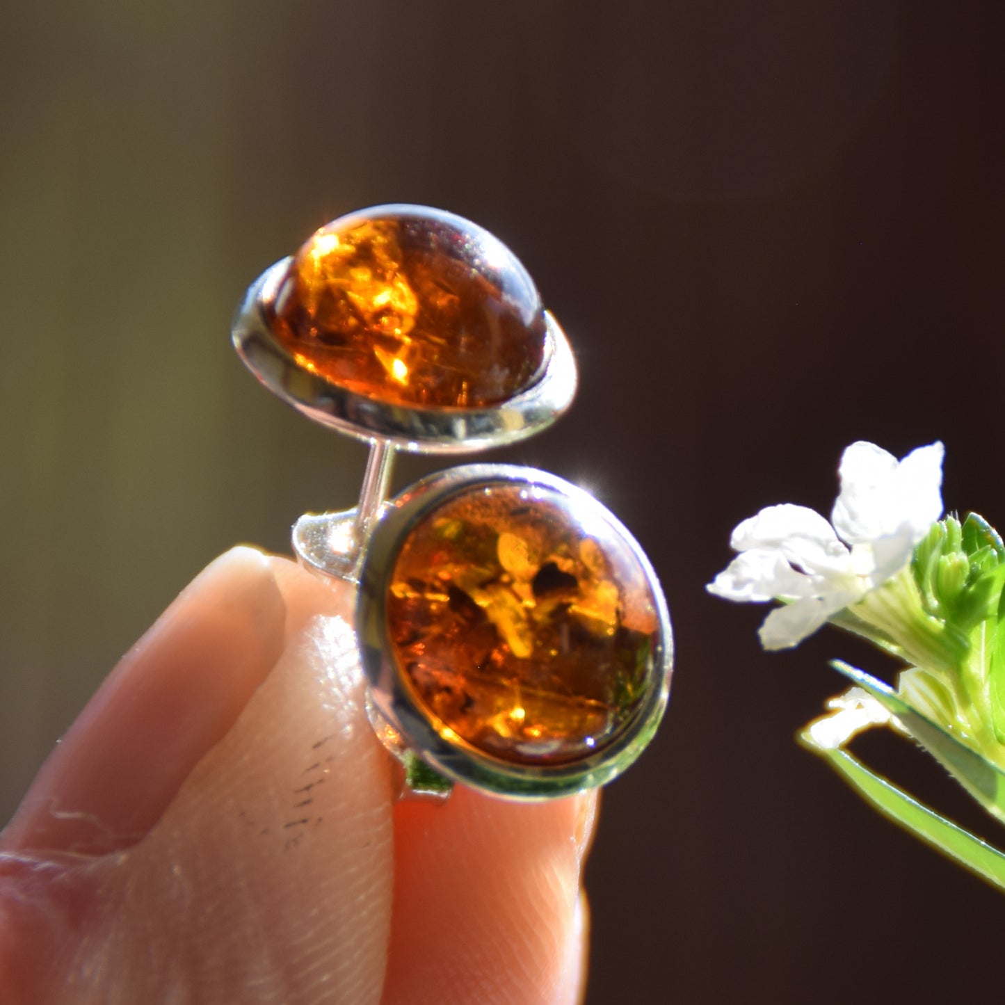 Classic round earrings with natural cognac amber and 925 sterling silver, MJ Baltica, BK110 (5)