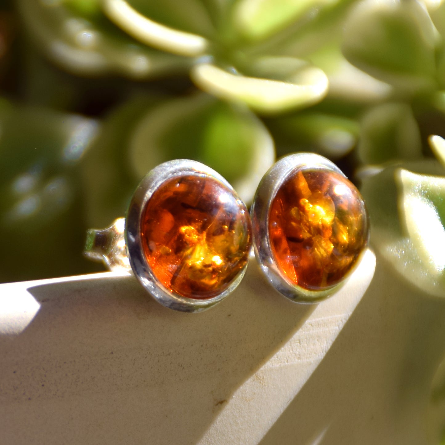 Classic round earrings with natural cognac amber and 925 sterling silver, MJ Baltica, BK110 (5)