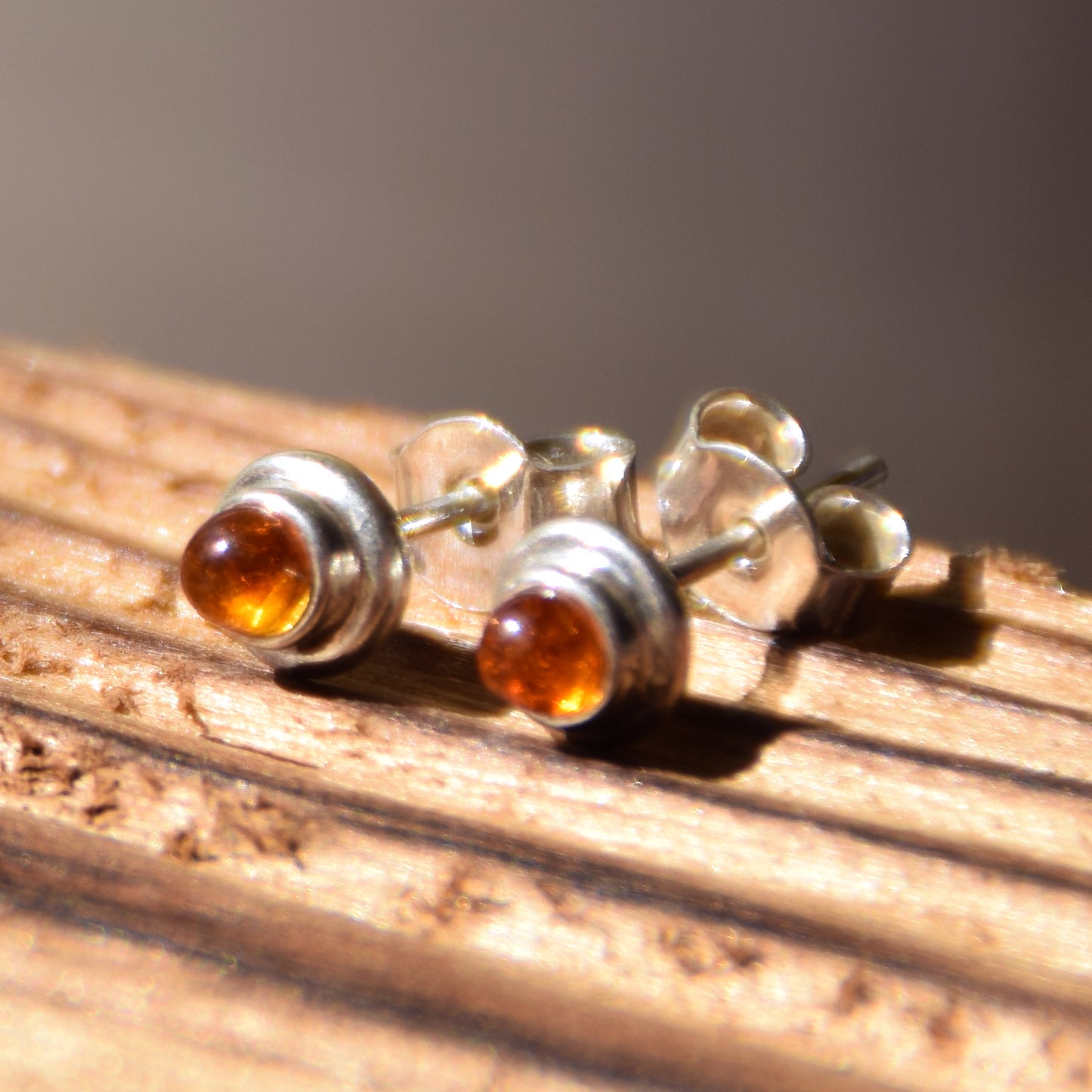 Cognac Baltic Amber and Sterling Silver Stud Earrings, MJ Baltica, BK115