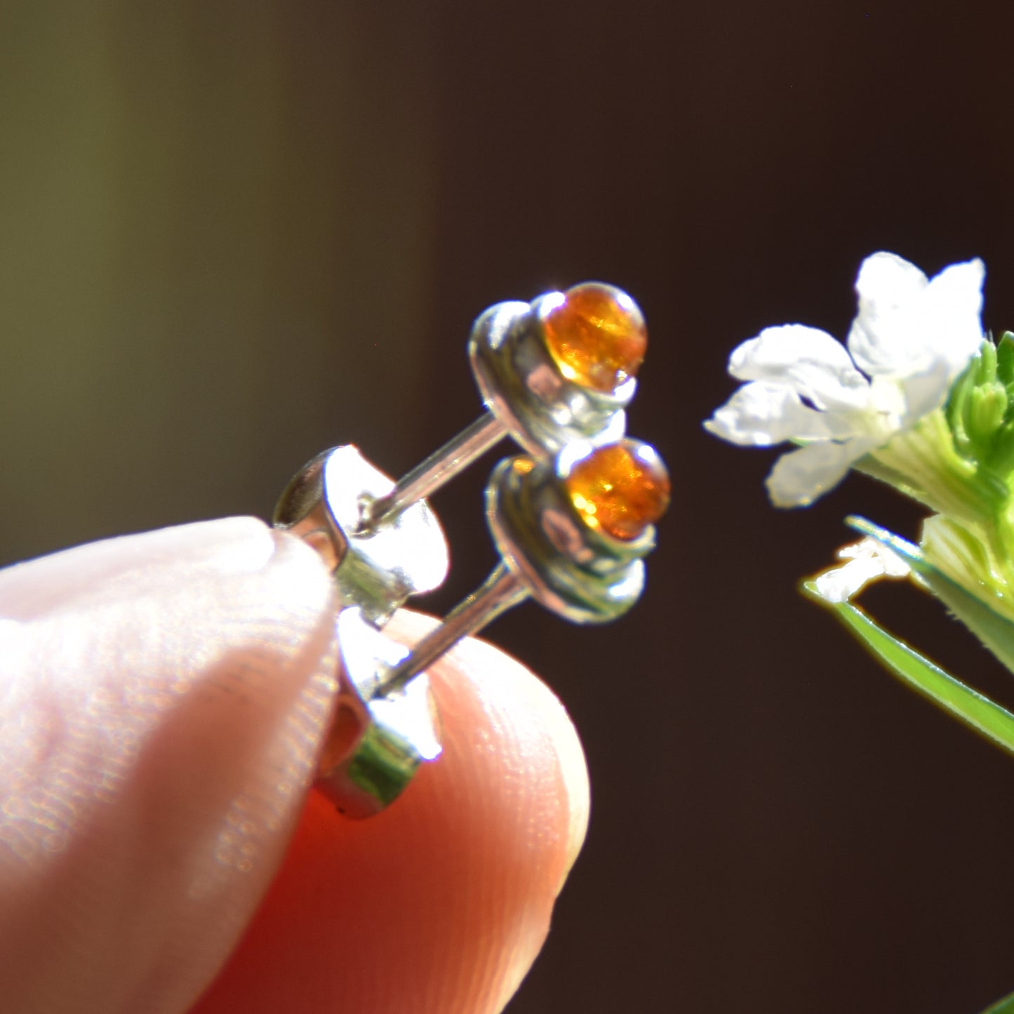 Cognac Baltic Amber and Sterling Silver Stud Earrings, MJ Baltica, BK115