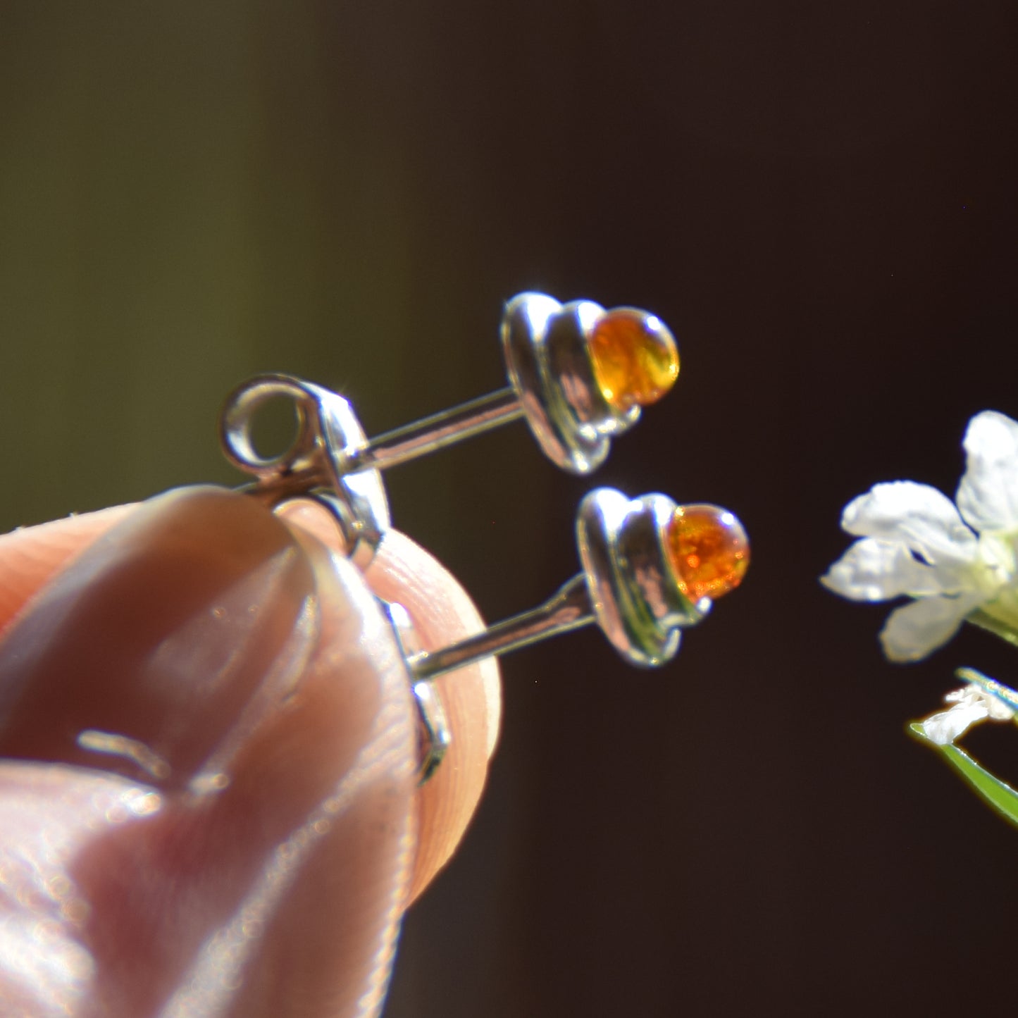 Cognac Baltic Amber and Sterling Silver Stud Earrings, MJ Baltica, BK115