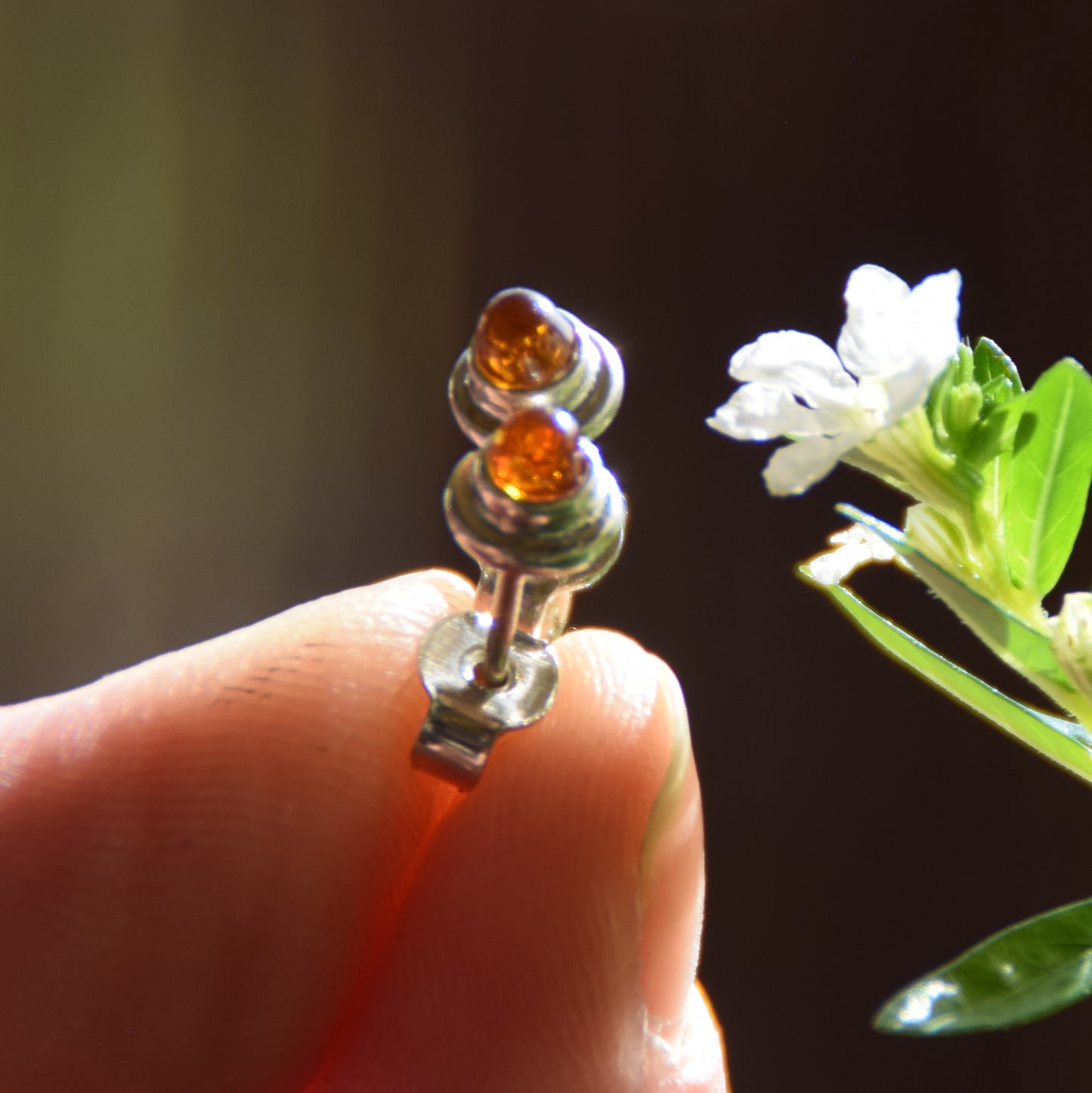 Cognac Baltic Amber and Sterling Silver Stud Earrings, MJ Baltica, BK115