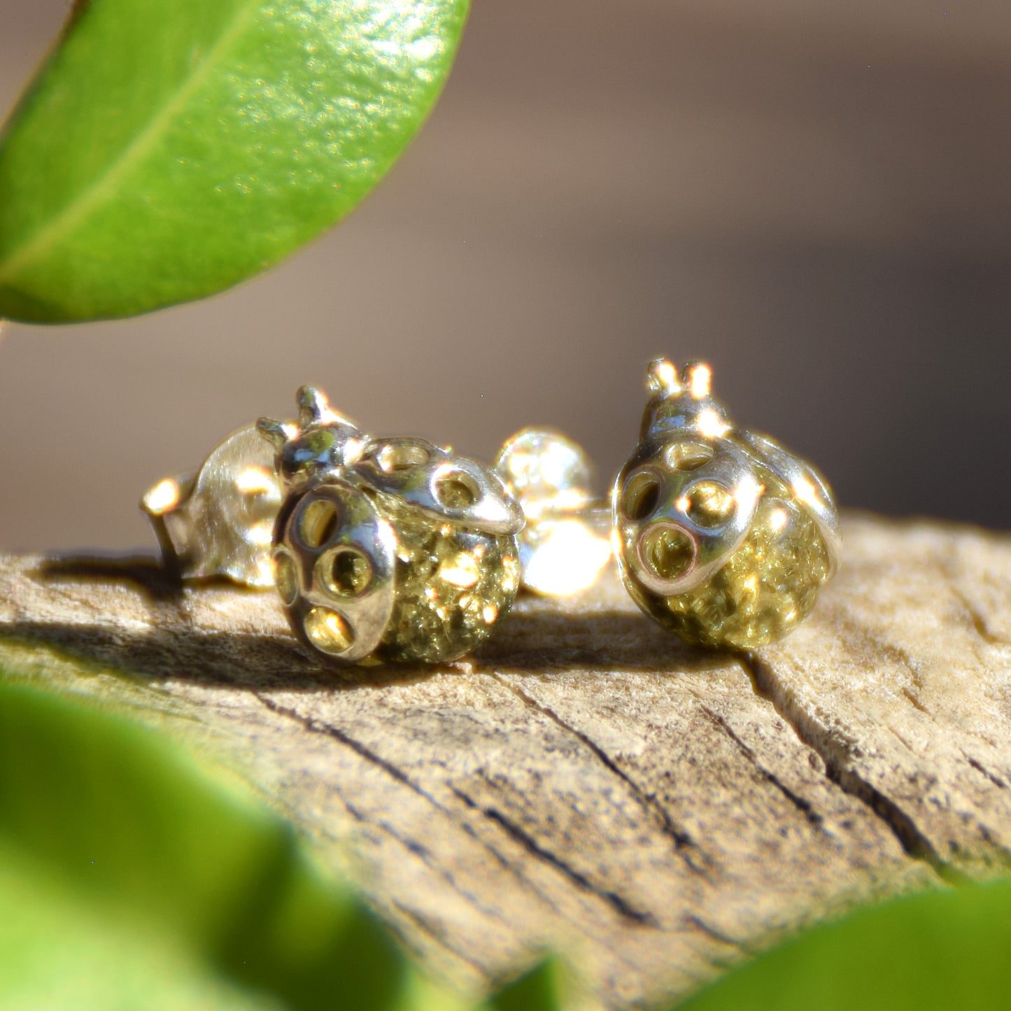 Delicati orecchini con la coccinella portafortuna in Ambra naturale color verde e Argento 925, MJ Baltica, BK117