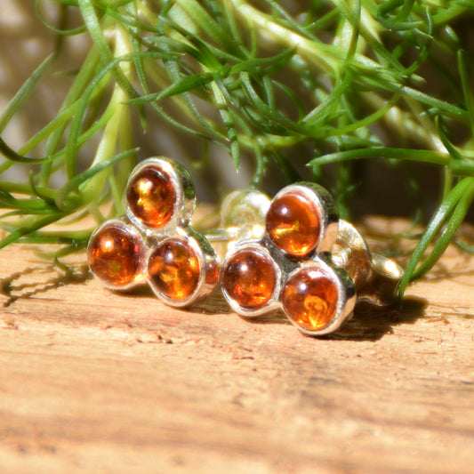 Stud earrings with three gems created with natural Cognac Amber and 925 Sterling Silver, MJ Baltica, BK118
