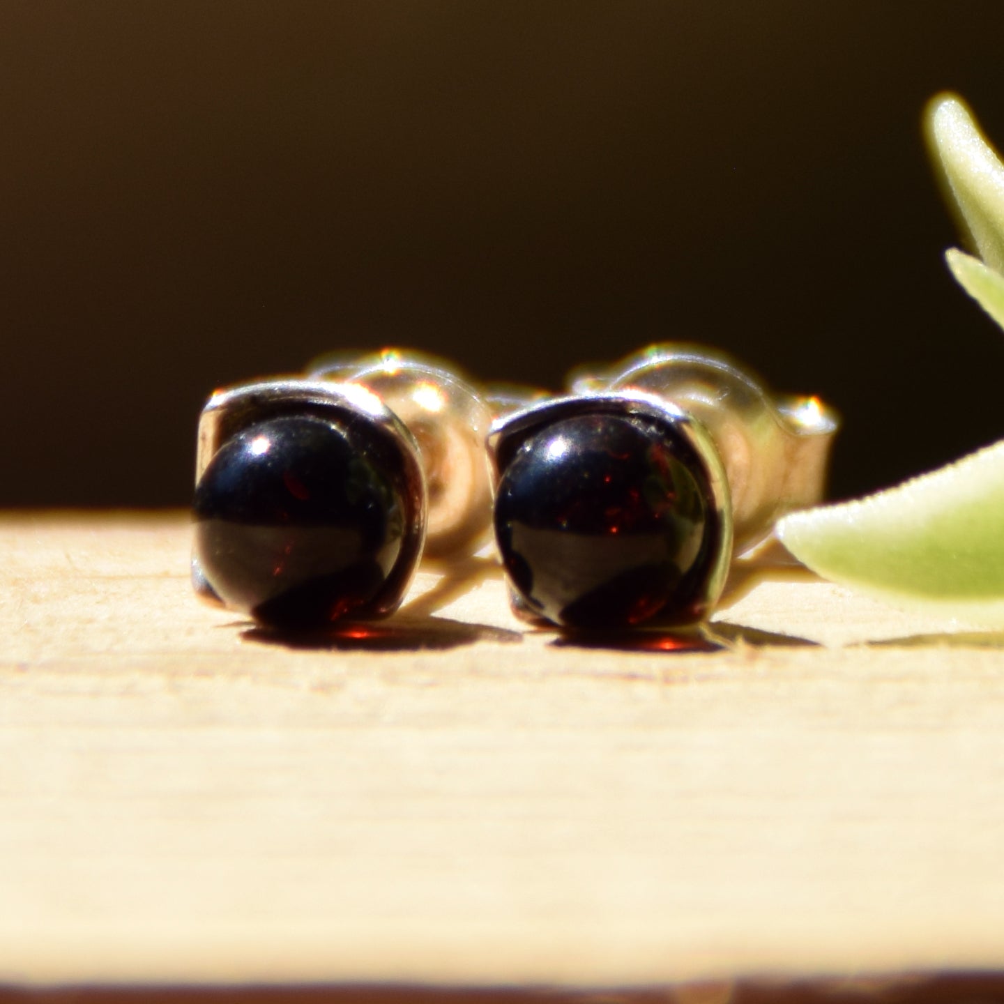 Stud earrings with dark natural amber sphere and 925 silver, MJ Baltica, BK122