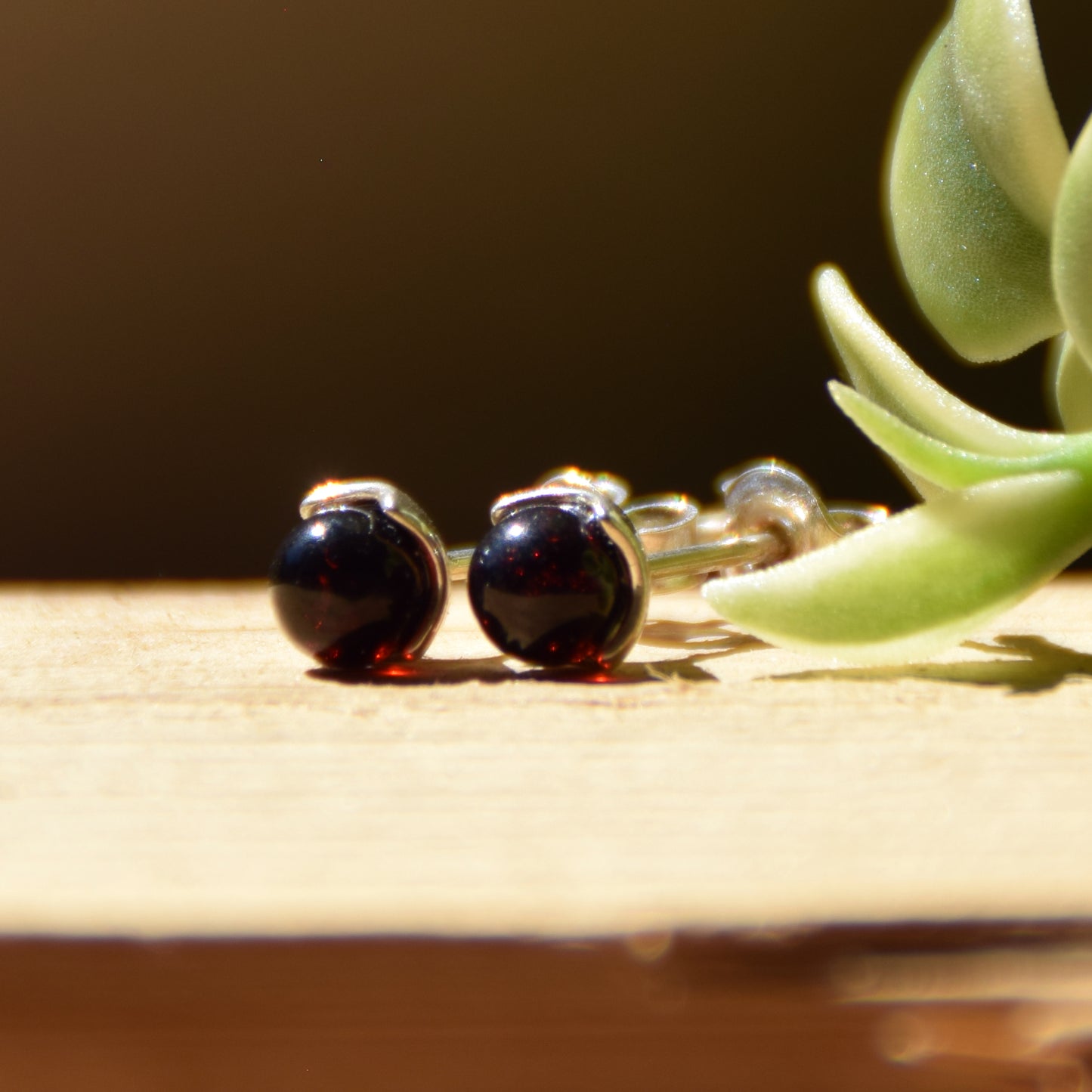 Stud earrings with dark natural amber sphere and 925 silver, MJ Baltica, BK122