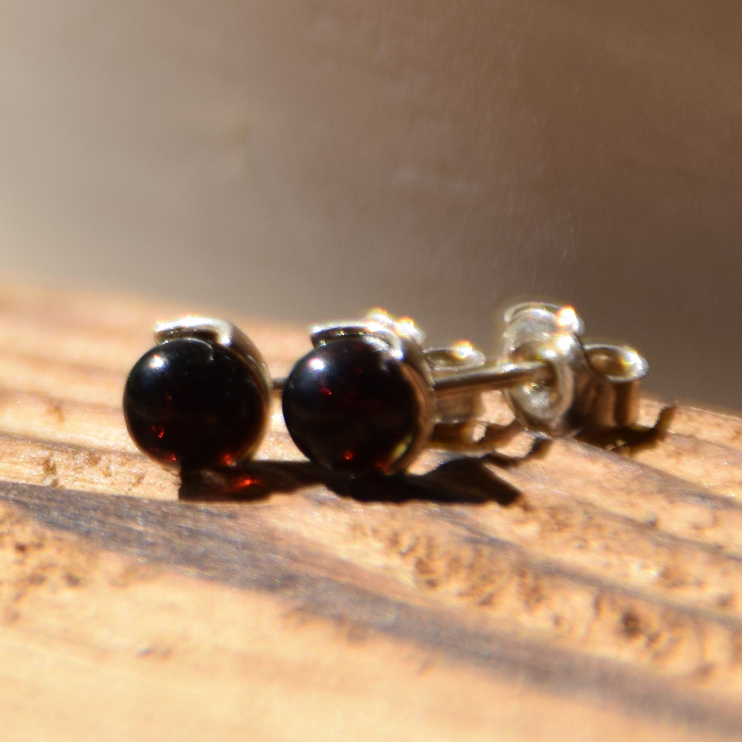 Stud earrings with dark natural amber sphere and 925 silver, MJ Baltica, BK122