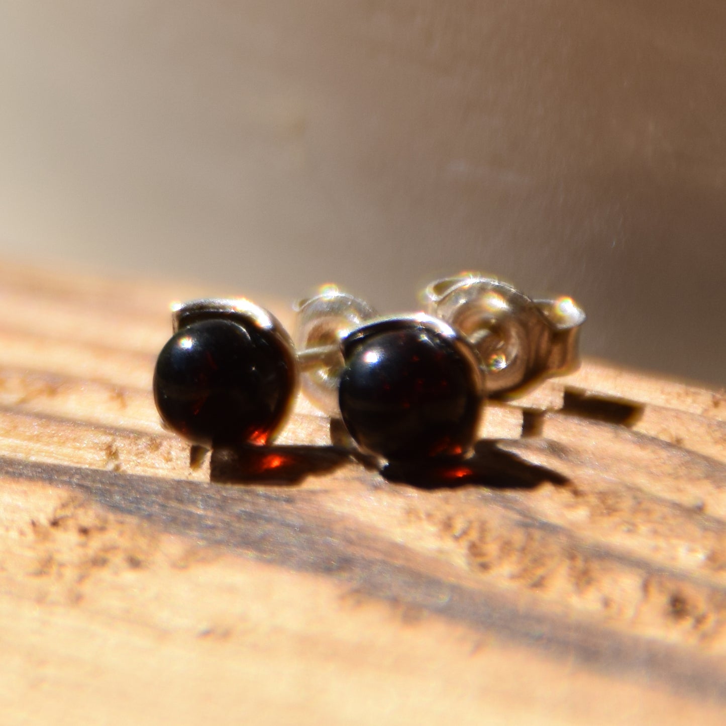 Stud earrings with dark natural amber sphere and 925 silver, MJ Baltica, BK122