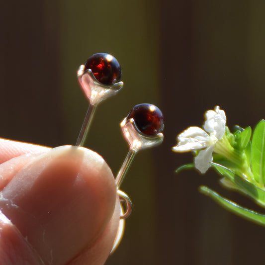 Stud earrings with dark natural amber sphere and 925 silver, MJ Baltica, BK122