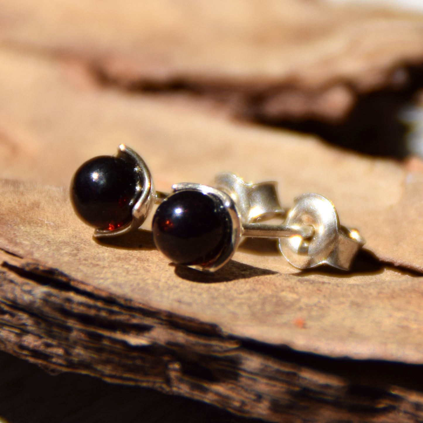 Stud earrings with dark natural amber sphere and 925 silver, MJ Baltica, BK122