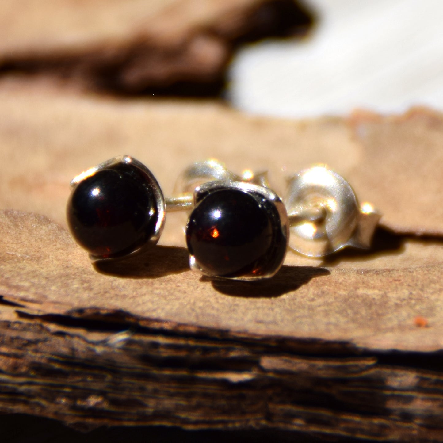 Stud earrings with dark natural amber sphere and 925 silver, MJ Baltica, BK122