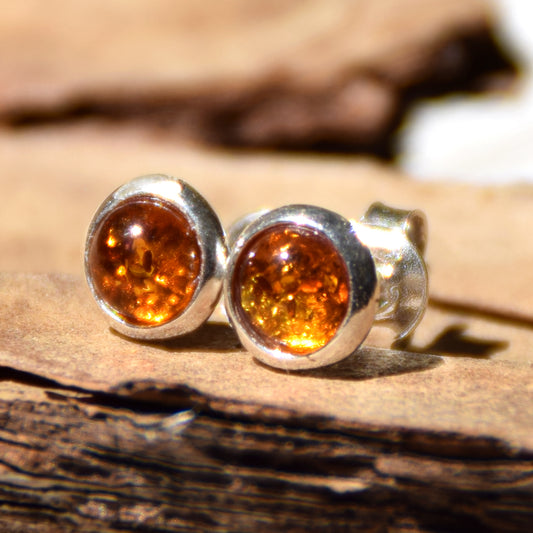 Essential round earrings created with natural cognac-colored Amber and 925 Silver, MJ Baltica, BK126