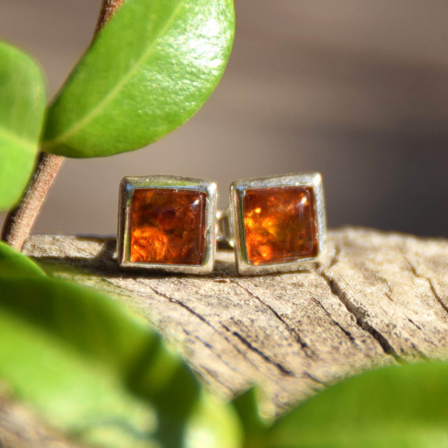Essenziali orecchini quadrati creati con Ambra naturale di color cognac e Argento 925, MJ Baltica, BK127