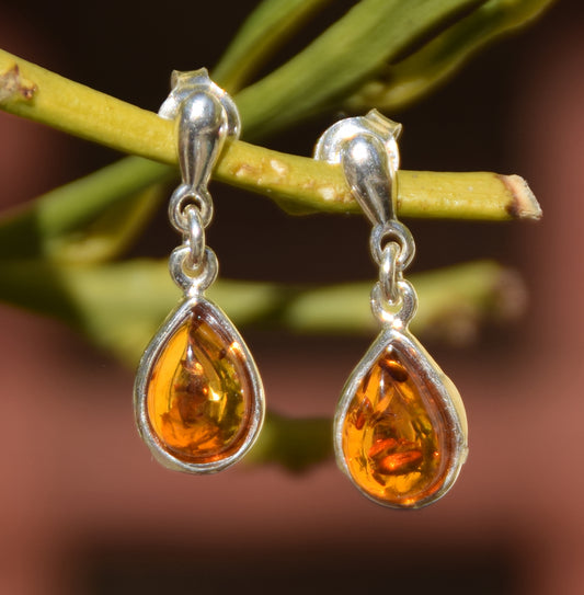 Classic drop earrings with cognac-colored natural Amber and 925 Sterling Silver, MJ Baltica, BK128