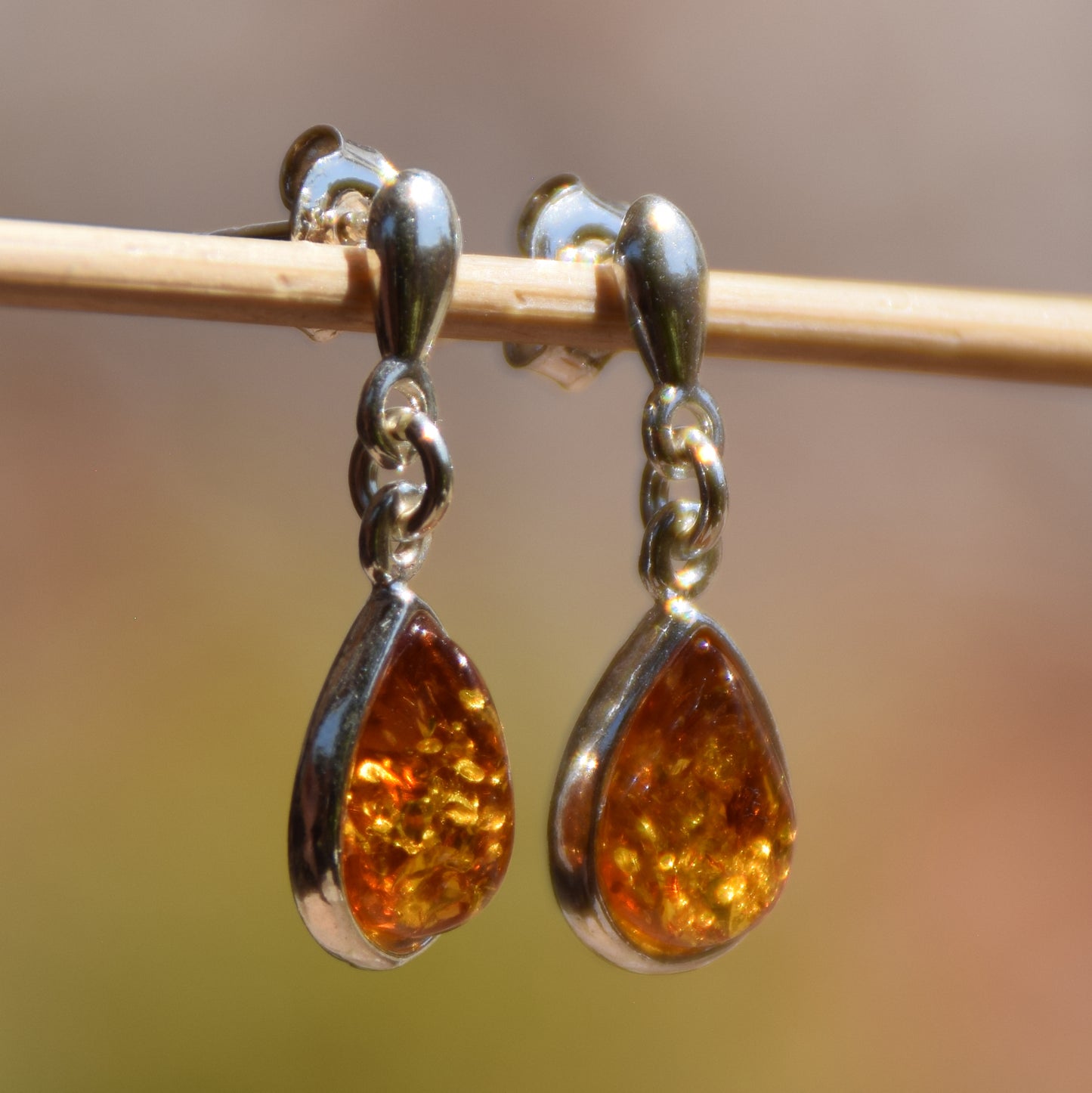 Classic drop earrings with cognac-colored natural Amber and 925 Sterling Silver, MJ Baltica, BK128