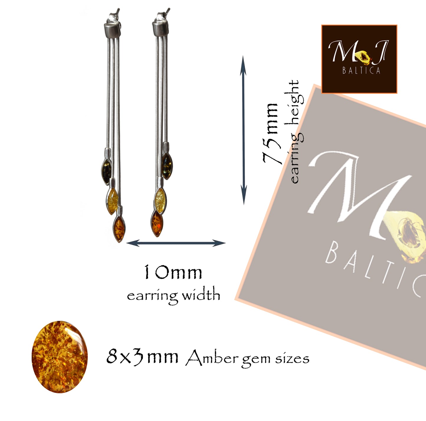 Eleganti orecchini pendenti a design di cascata creati con Ambra naturale di varie tonalità e Argento 925, MJ Baltica, BK131