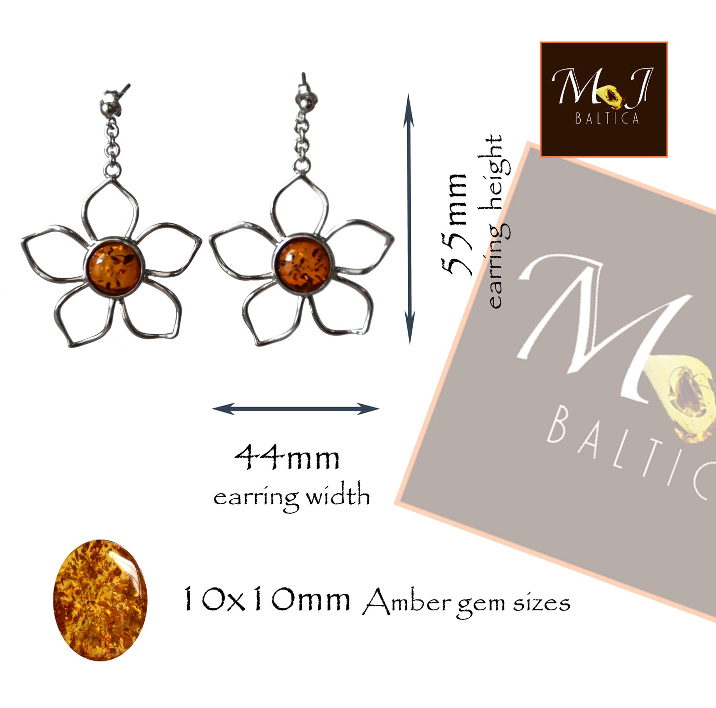 Impressionanti orecchini pendenti creati con grandi fiori in Ambra naturale di tonalità cognac e Argento 925, MJ Baltica, BK132