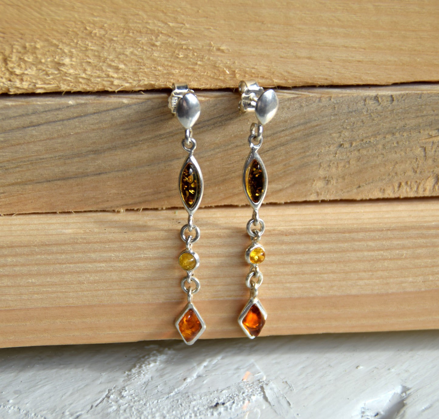 MJ Baltica, earrings, natural Baltic amber, 925 silver, delicate, long, cascade, multicolored, BK135