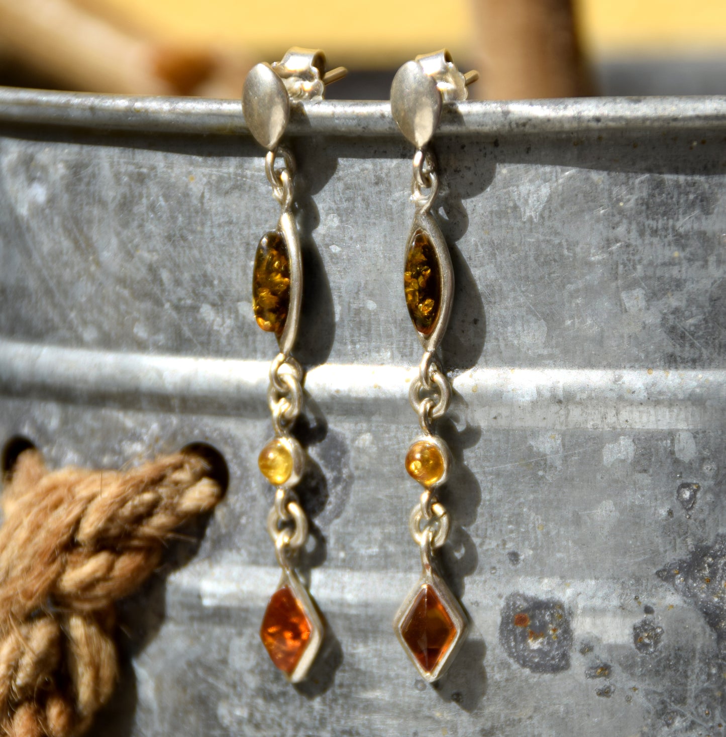 MJ Baltica, earrings, natural Baltic amber, 925 silver, delicate, long, cascade, multicolored, BK135