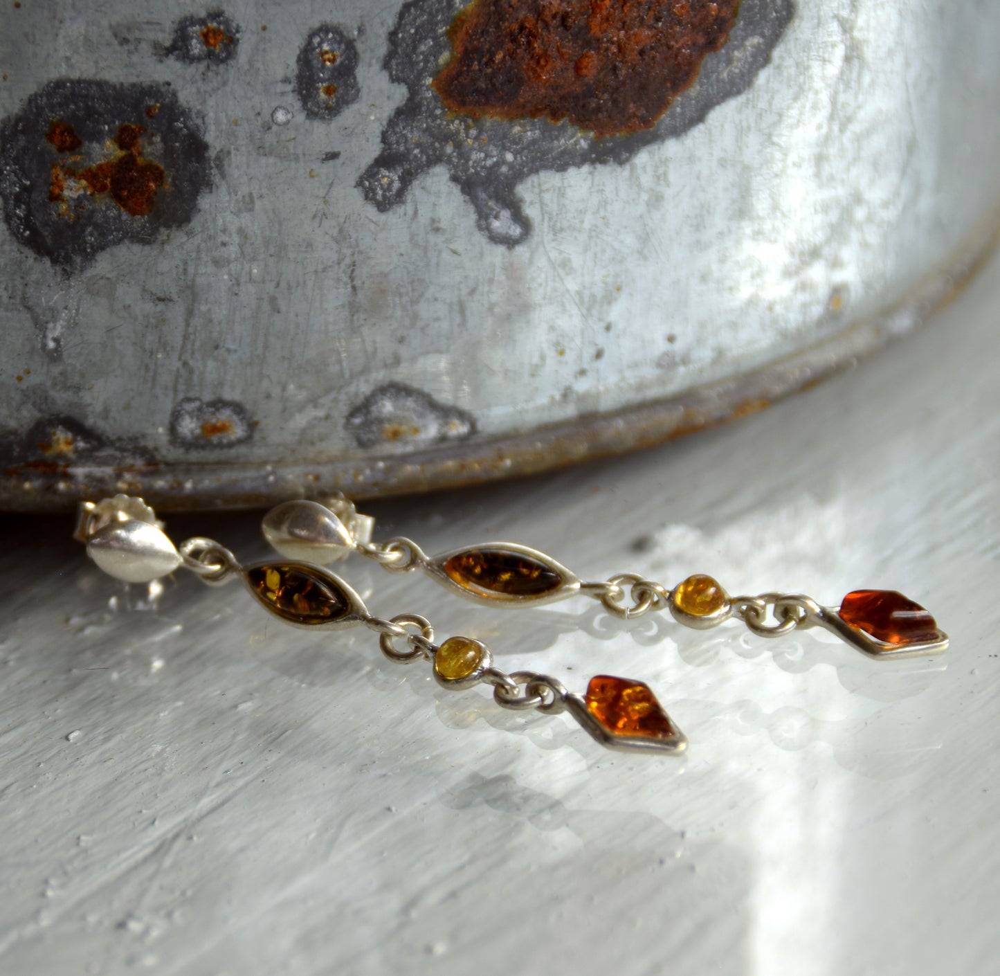 MJ Baltica, earrings, natural Baltic amber, 925 silver, delicate, long, cascade, multicolored, BK135