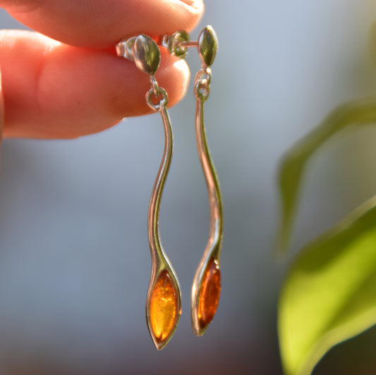 Lustrous dangle earrings crafted from natural cognac amber and 925 silver, MJ Baltica, BK136