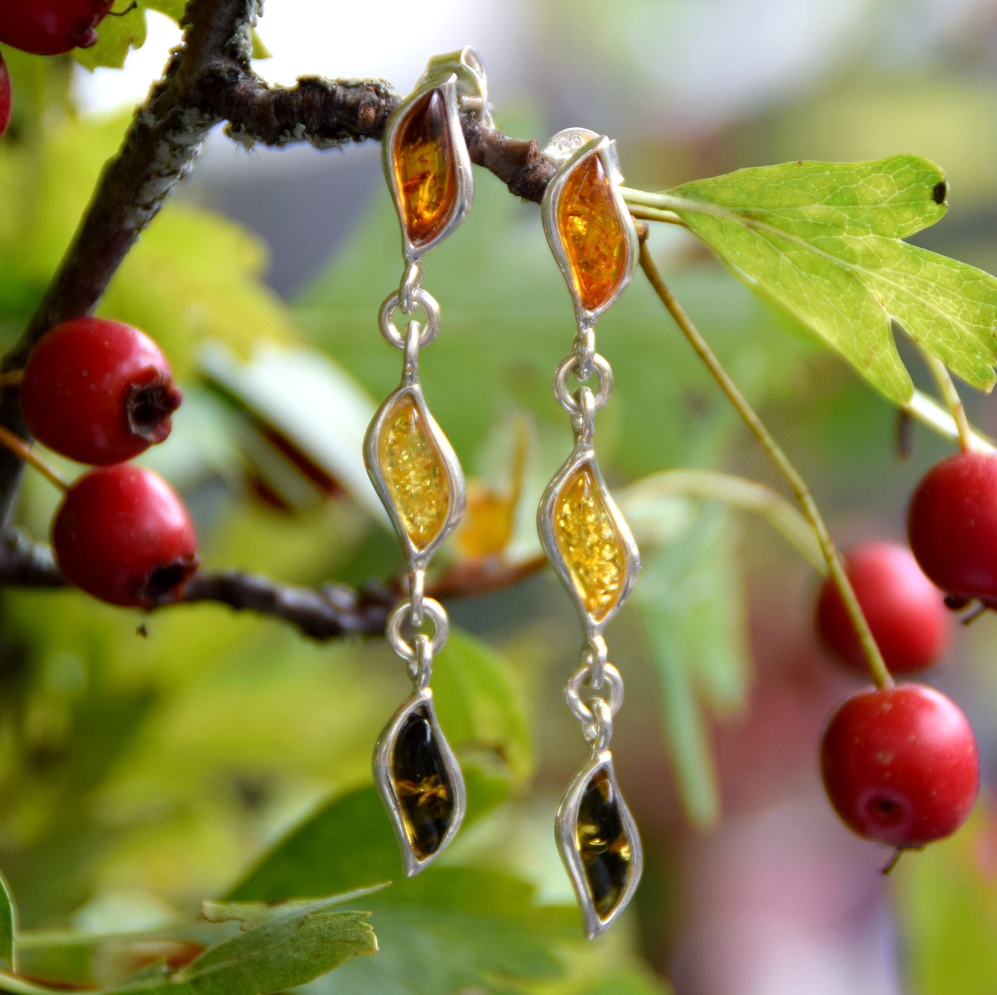 MJ Baltica, earrings, natural Baltic amber, 925 silver, chain, light, long, multicolored, BK137