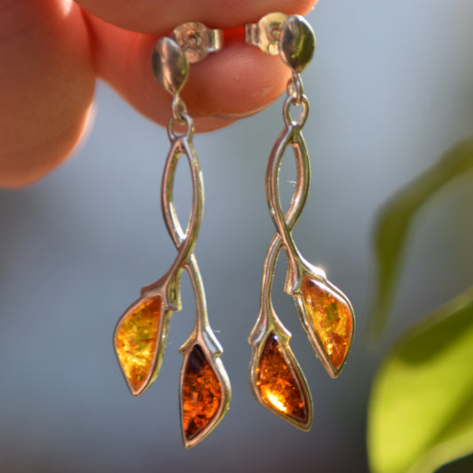 Dangle earrings in floral style with natural brown Amber and 925 Sterling Silver, MJ Baltica, BK140