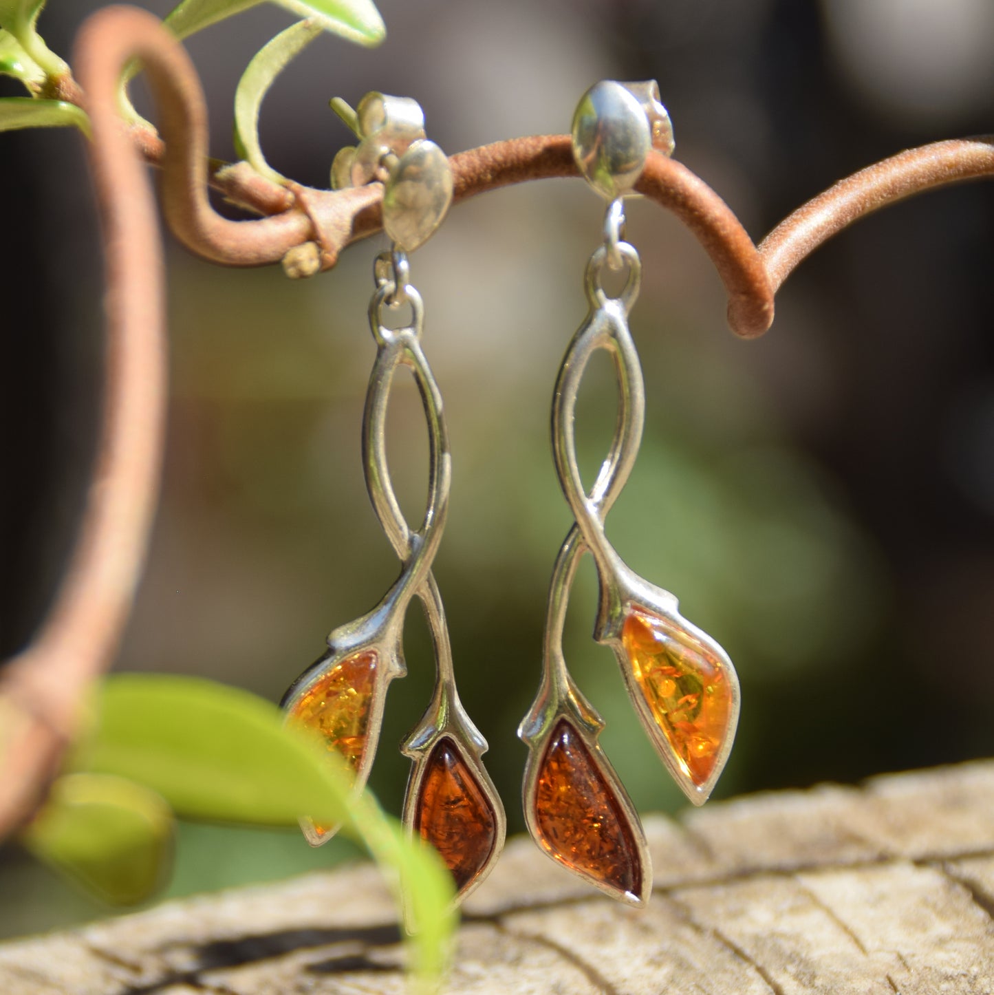Dangle earrings in floral style with natural brown Amber and 925 Sterling Silver, MJ Baltica, BK140